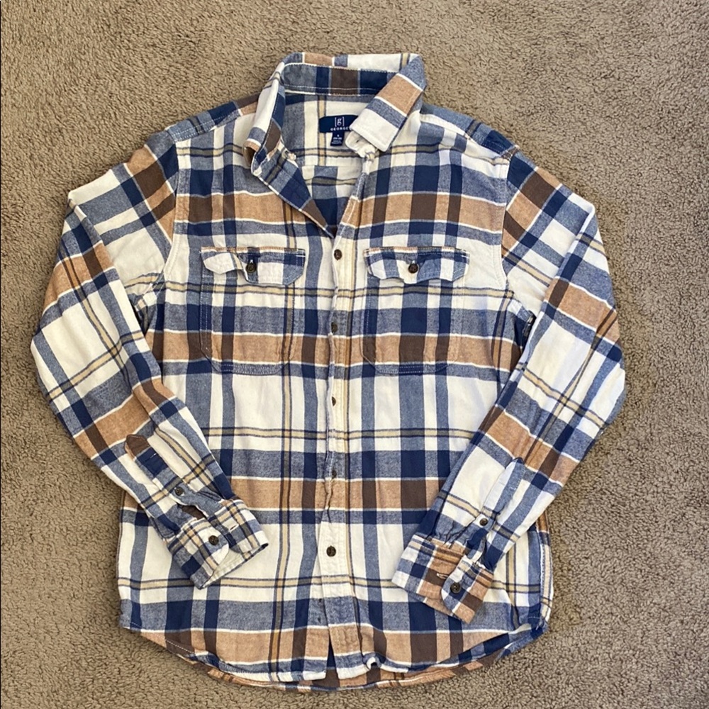 Blue and Brown Plaid Button-Up Shirt